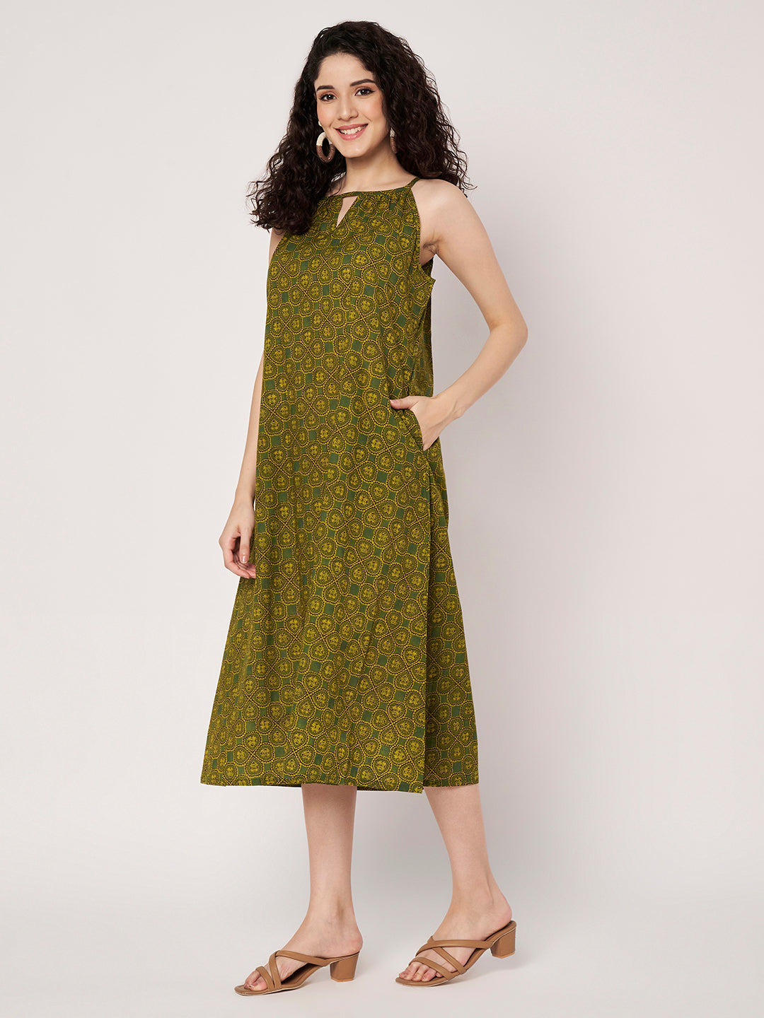 Green Printed Sleeveless A-Line Cotton Dress
