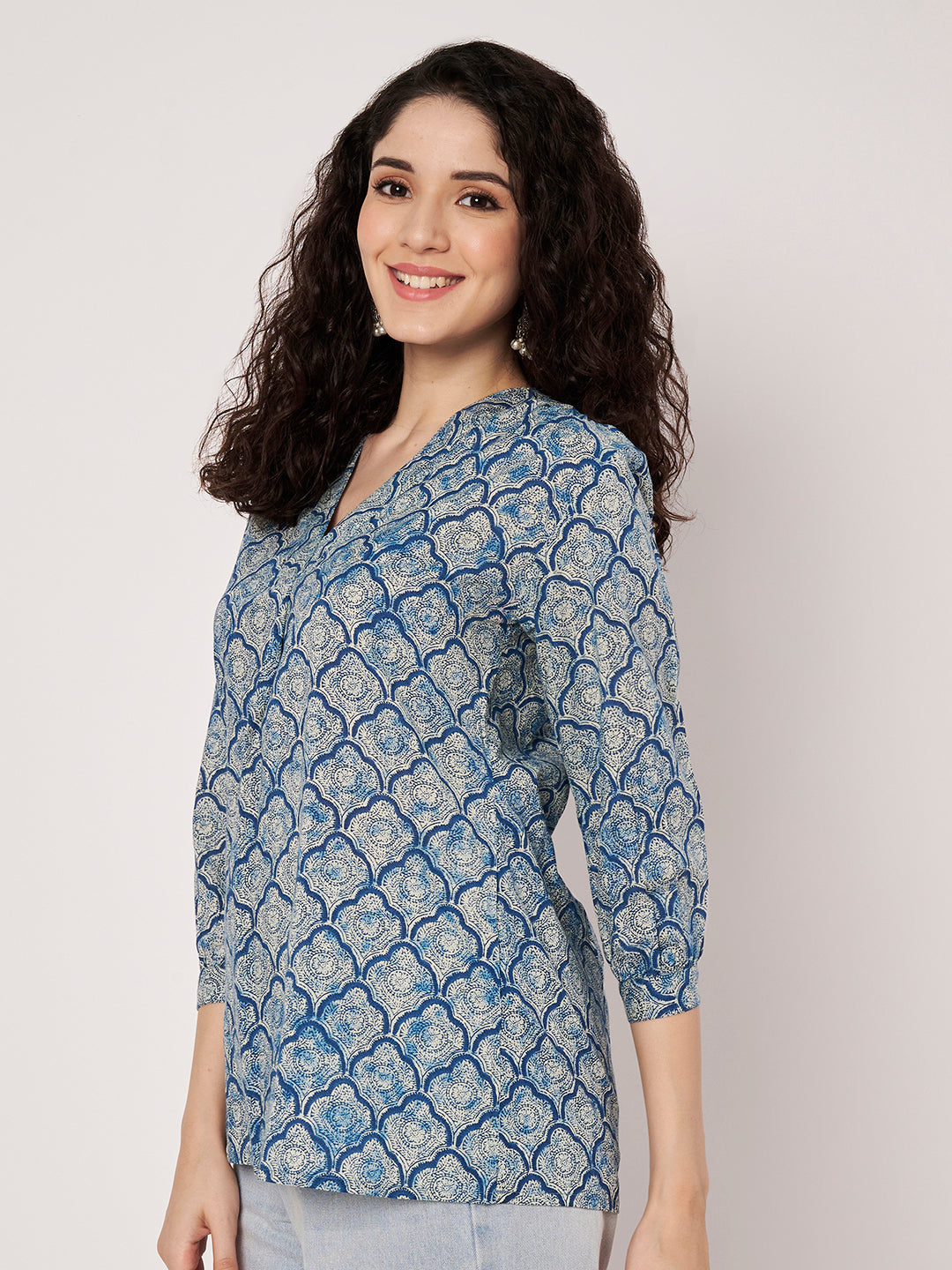 Light Blue Printed V-Neck Cotton Top