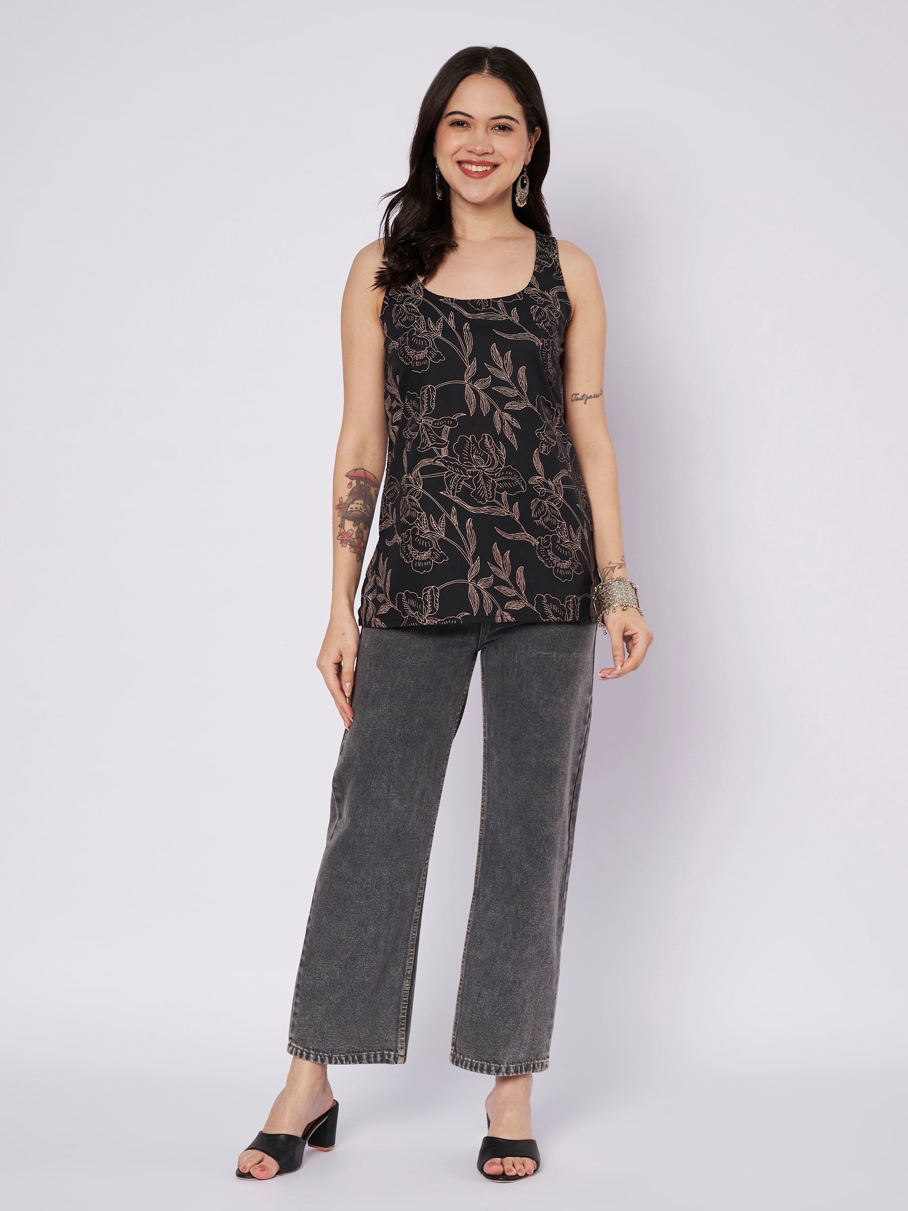 Black Printed Sleeveless Cotton Top