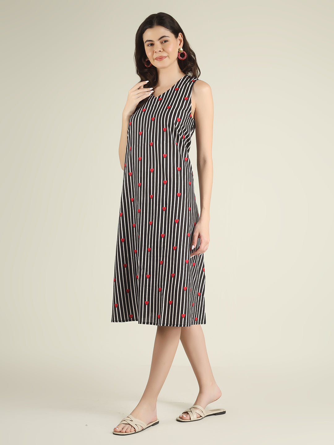 Black Striped Sleeveless V-Neck A-Line Cotton Dress