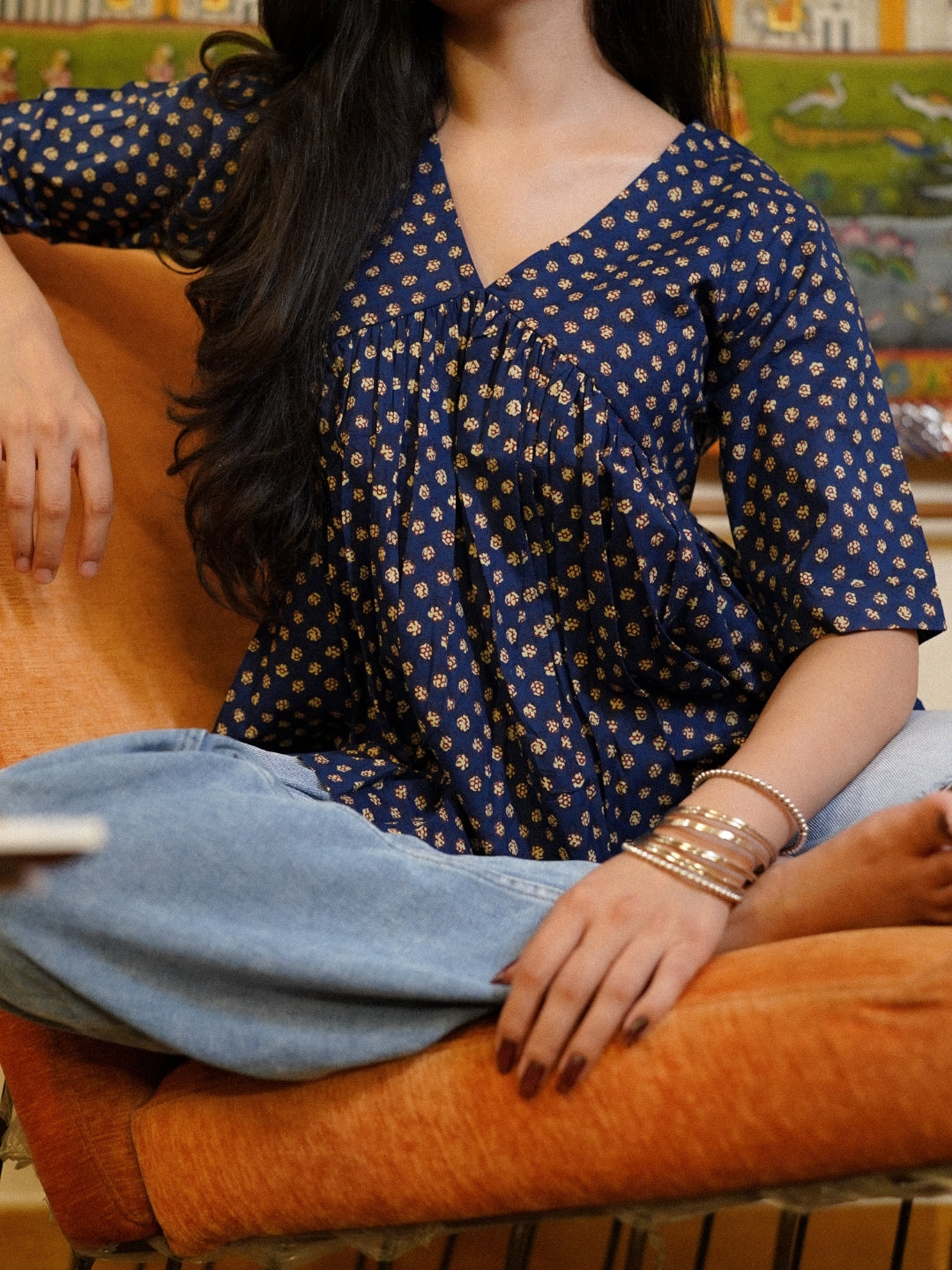 Blue Printed Half-Sleeve Alia Cut Cotton Top