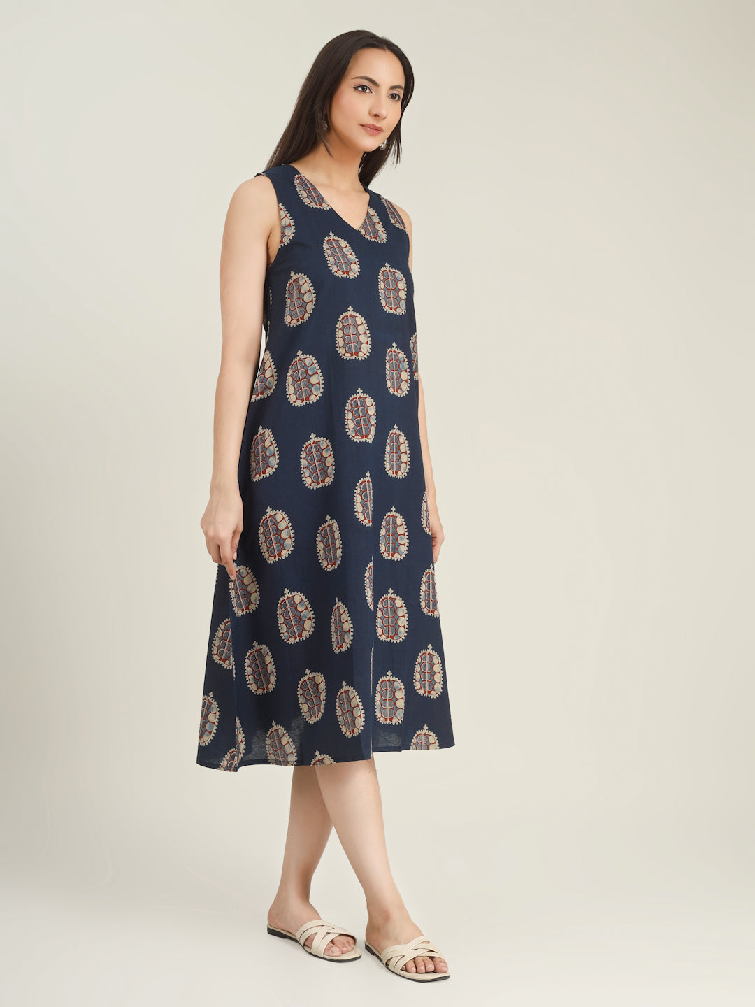 Blue Printed Sleeveless V-Neck A-Line Cotton Dress