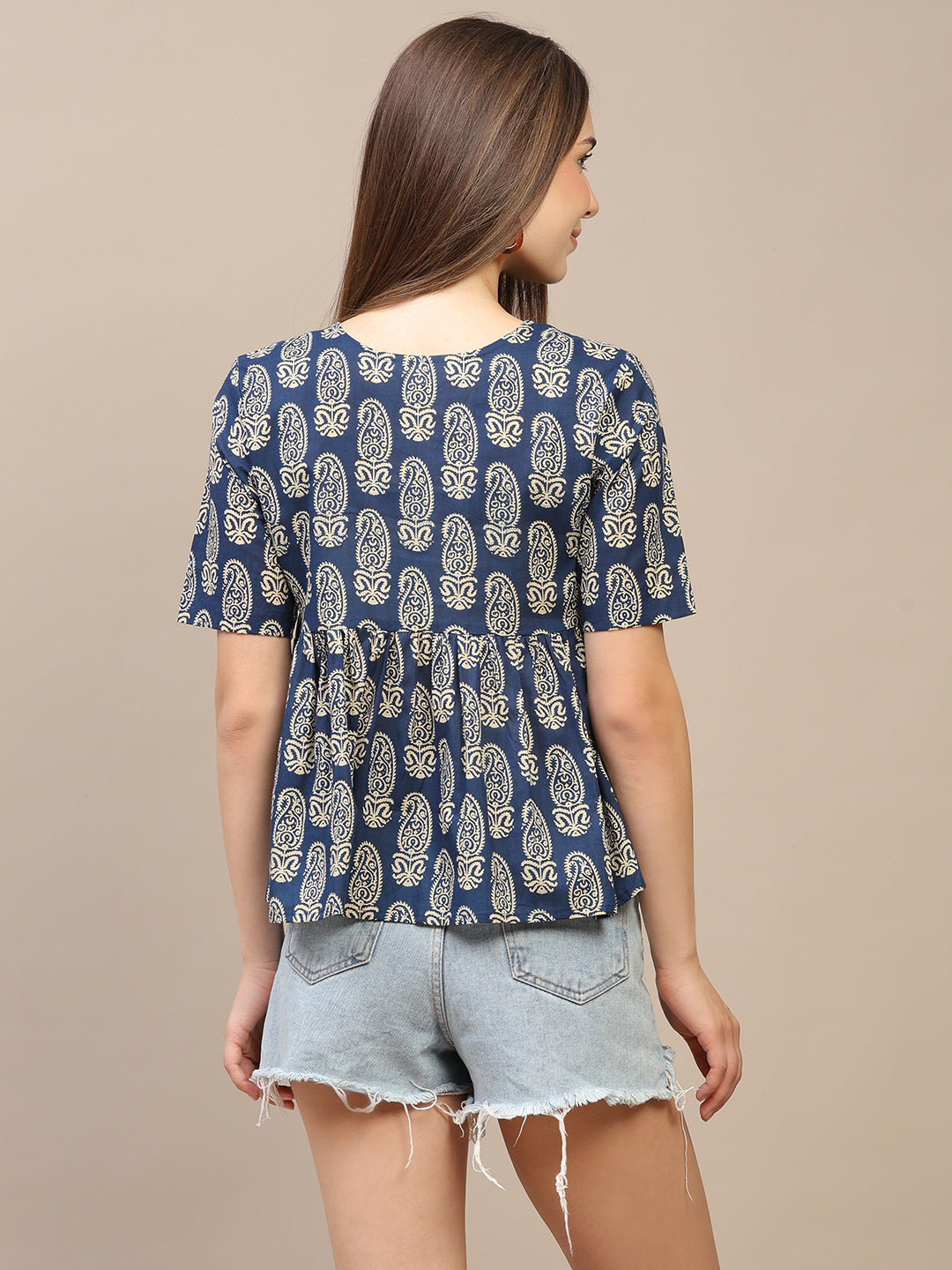 Blue Printed Half-Sleeve Alia-Cut Cotton Top
