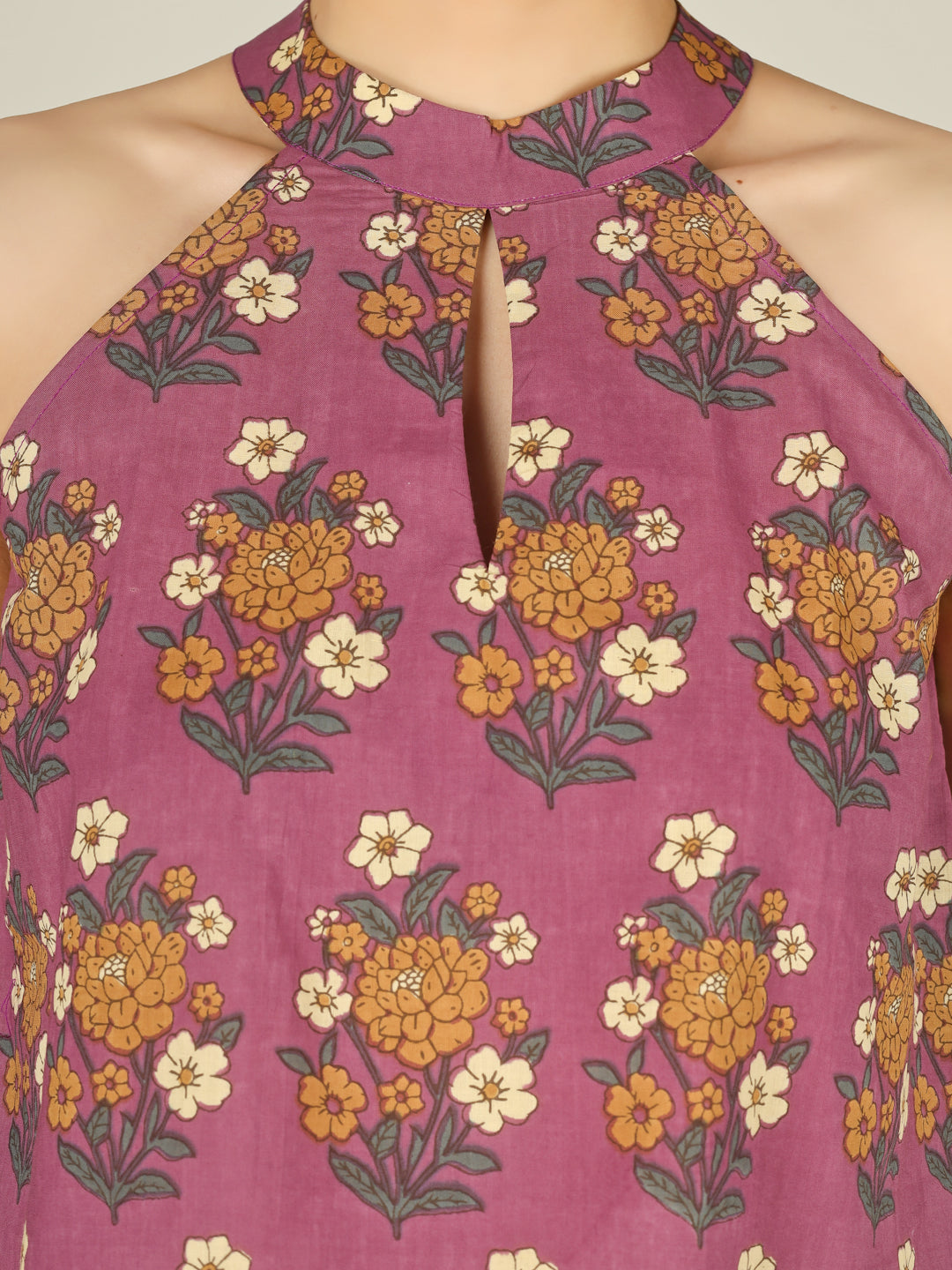 Purple Printed Halter Neck Sleeveless Cotton Top