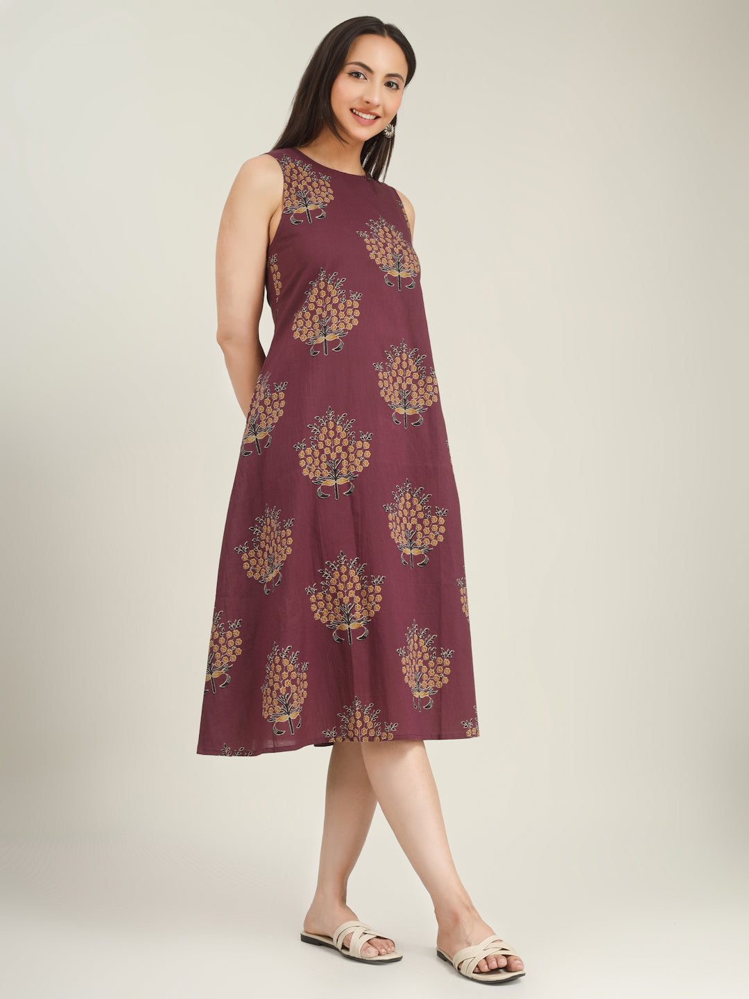 Purple Printed Sleeveless A-Line Cotton Dress