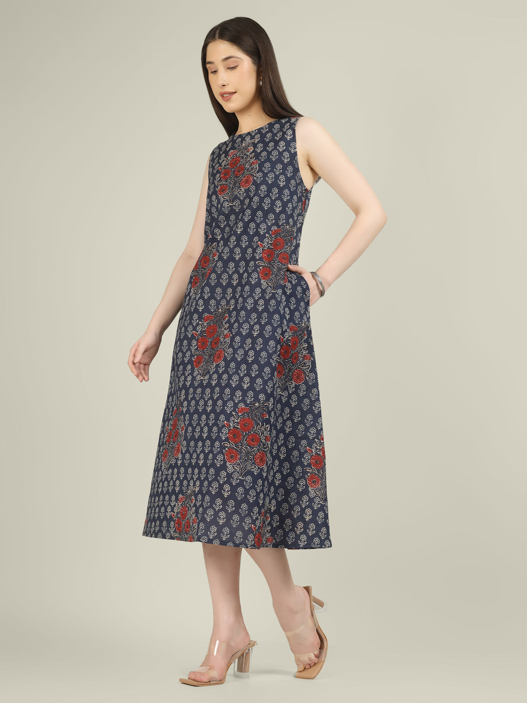 Navy Blue Printed Sleeveless A-Line Cotton Dress