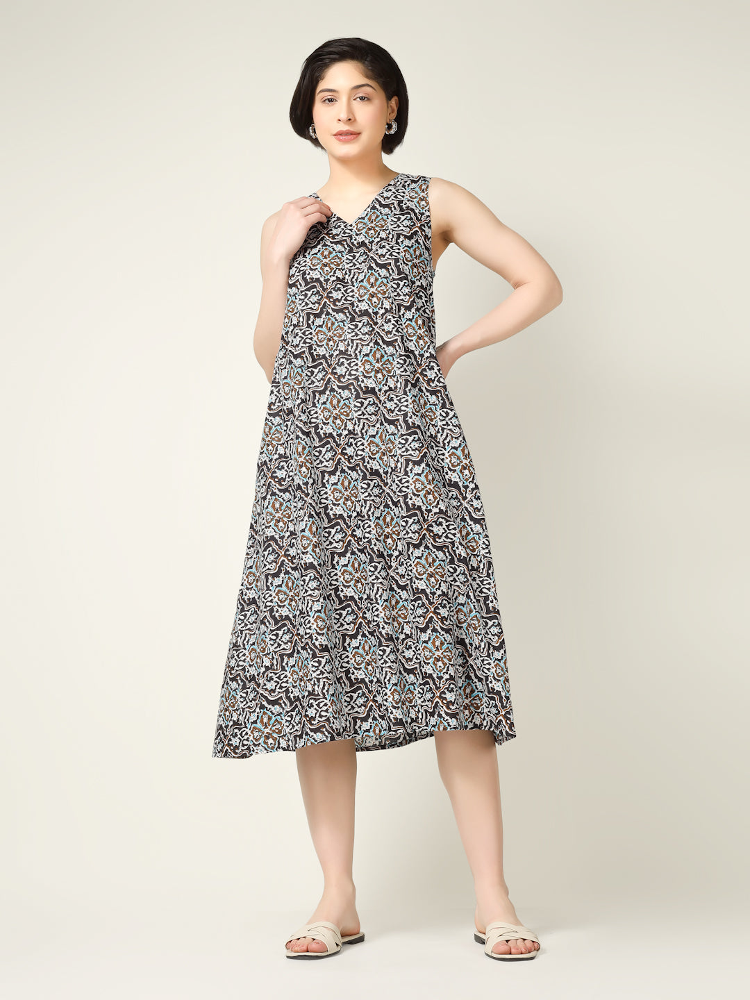 Black Printed Sleeveless V-Neck A-Line Cotton Dress