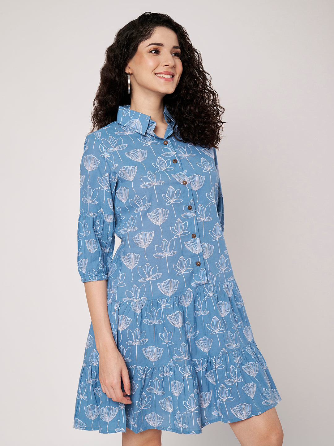 Sky Blue Printed Short Cotton Dress