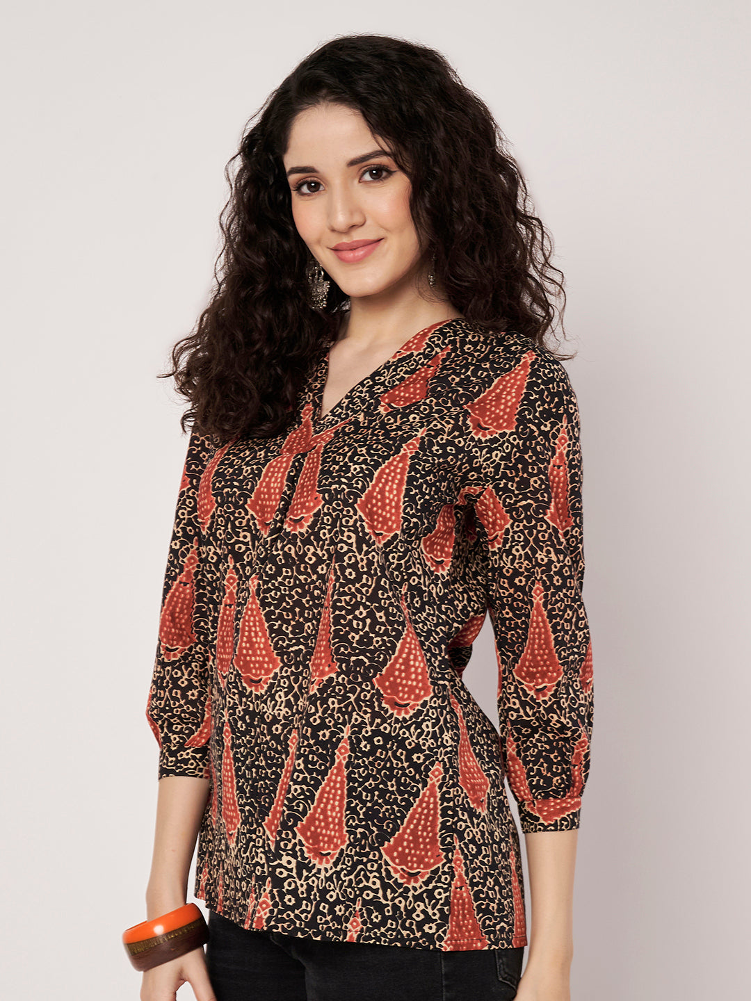 Black Printed V-Neck Cotton Top