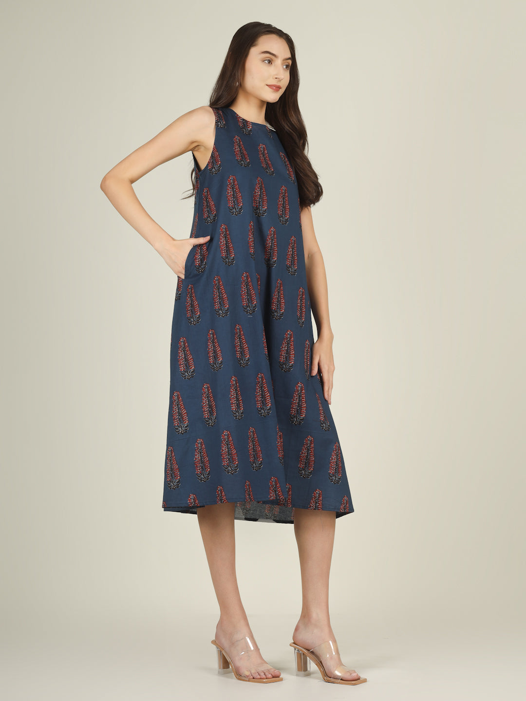Blue Printed Sleeveless A-Line Cotton Dress