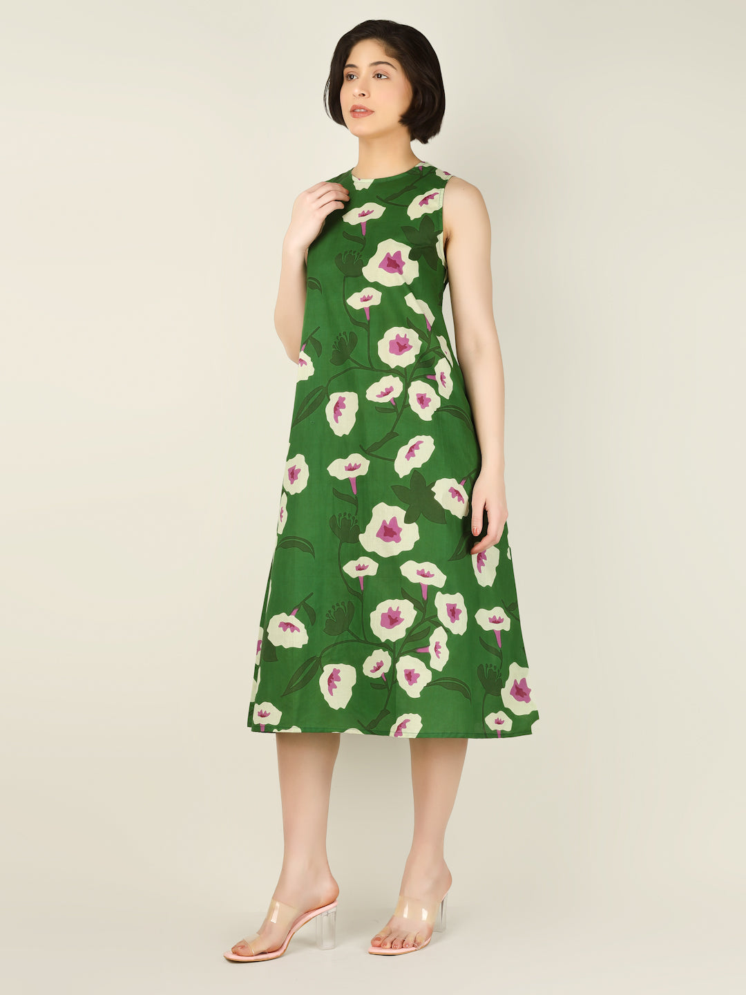 Green Printed Sleeveless A-Line Cotton Dress