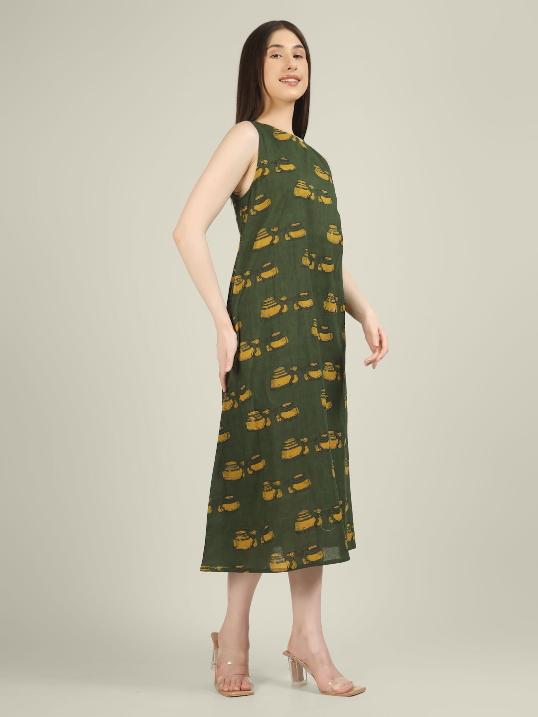 Green Printed Sleeveless A-Line Cotton Dress