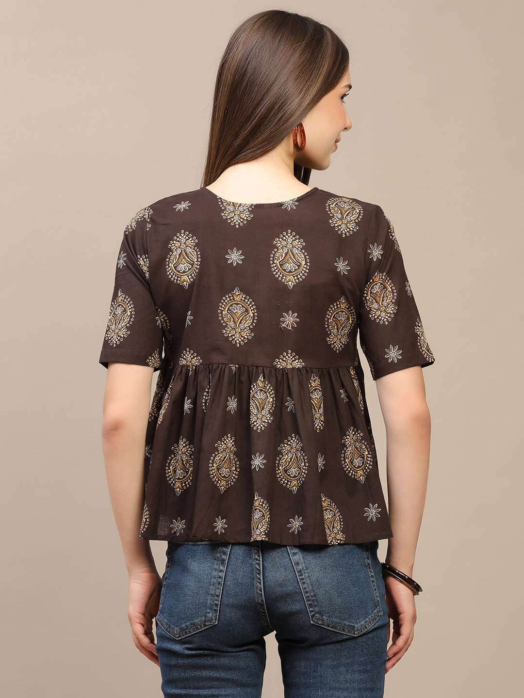 Brown Printed Half-Sleeve Alia-Cut Cotton Top