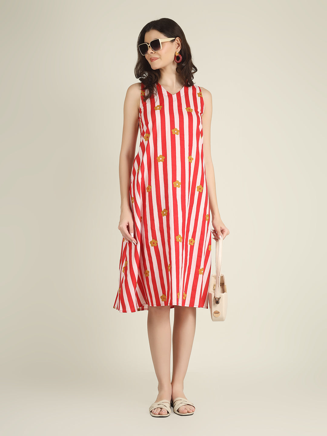 Red Striped Sleeveless V-Neck A-Line Cotton Dress