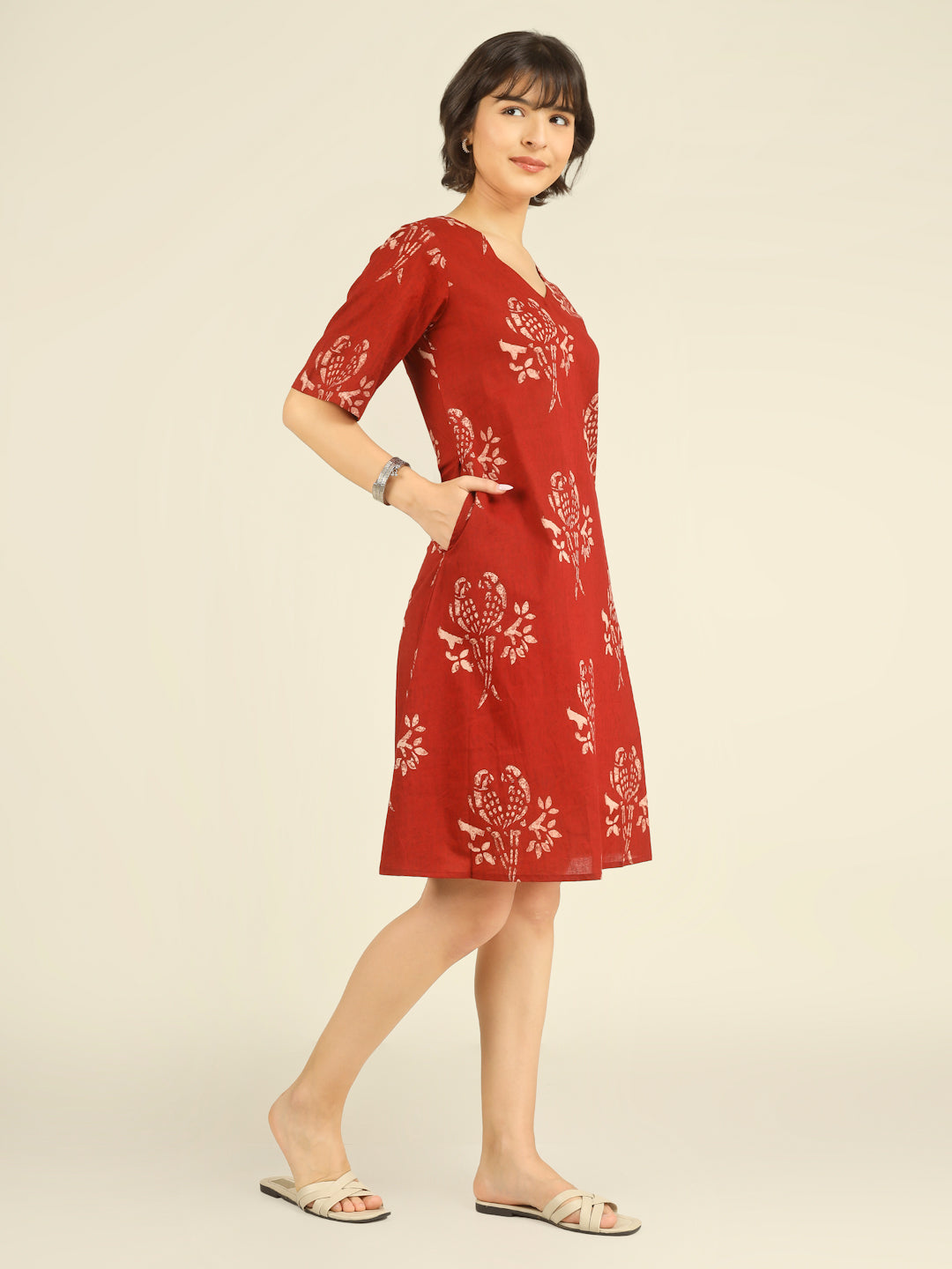Red Printed Half-Sleeve A-Line Short Cotton Dress