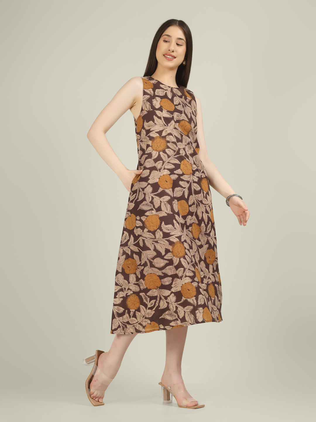 Brown Printed Sleeveless A-Line Cotton Dress