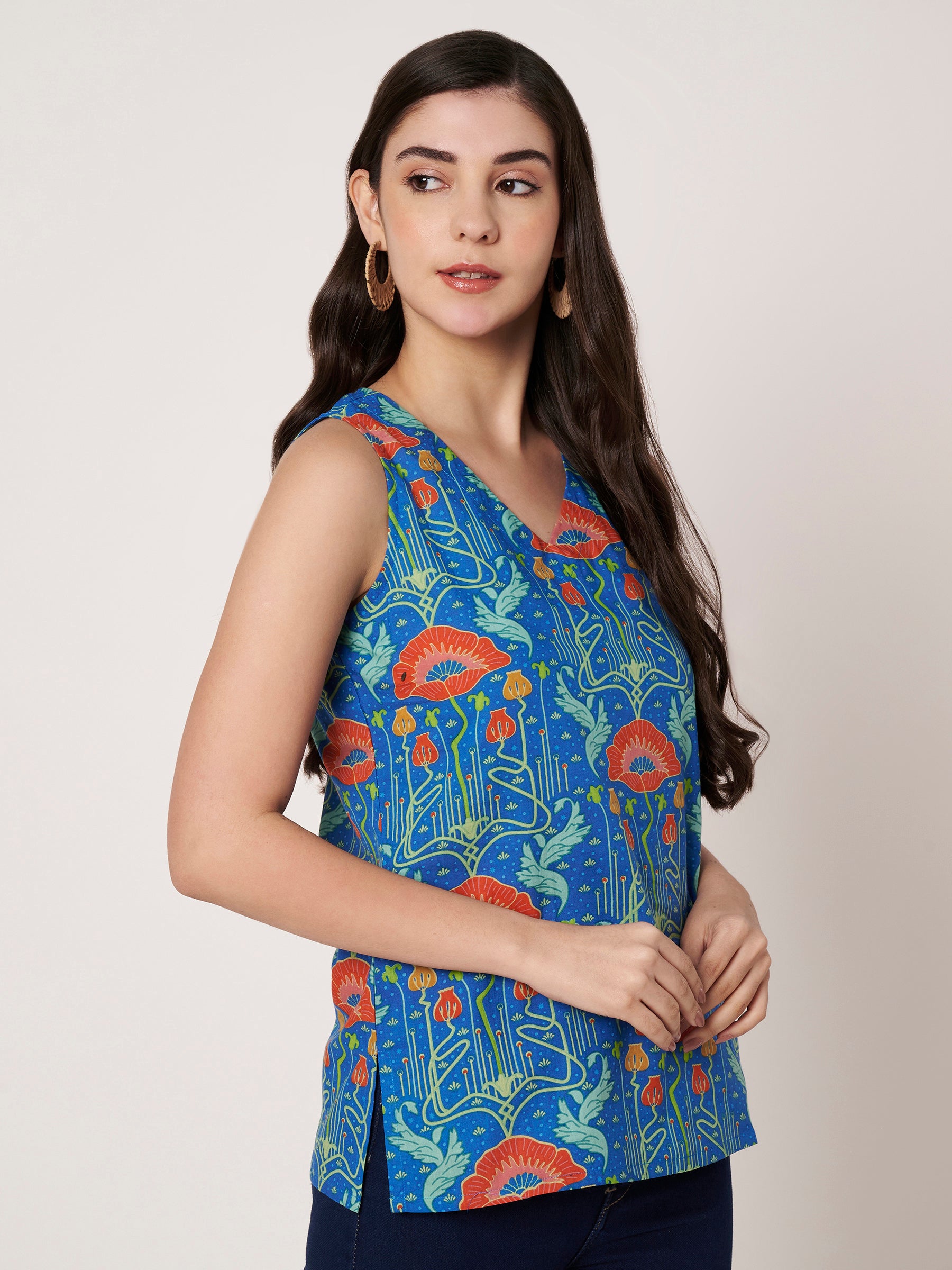 Blue Printed Sleeveless V-Neck Cotton Top