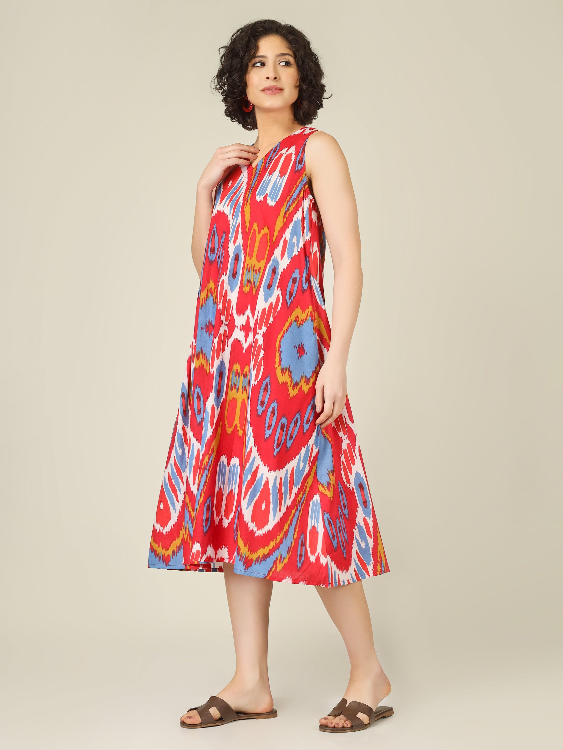 Red Printed V-Neck Sleeveless A-Line Cotton Dress