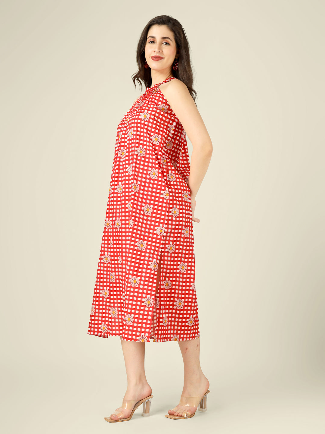 Red Checked Halter Neck Long Sleeveless Cotton Dress