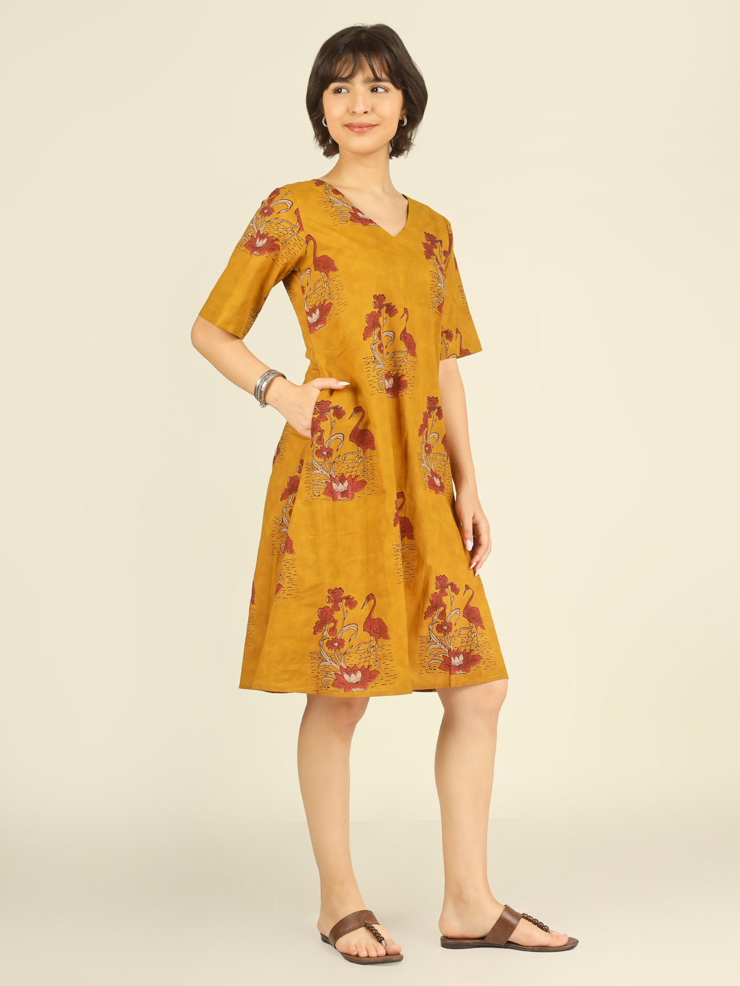 Yellow Printed Half-Sleeve A-Line Short Cotton Dress
