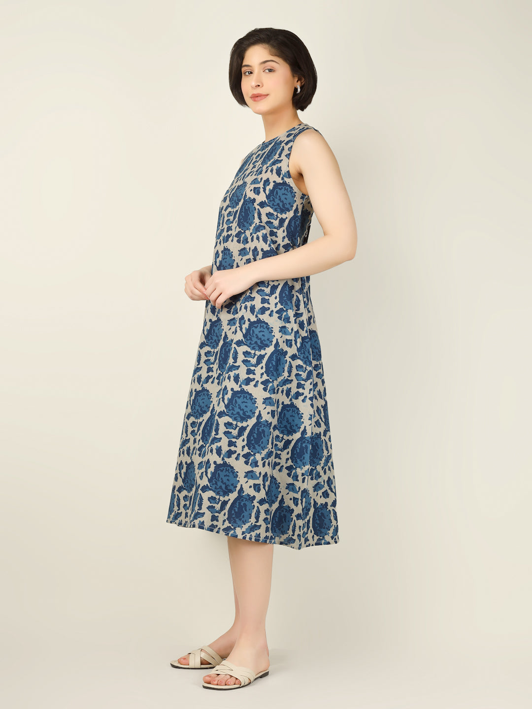 Blue Printed Sleeveless A-Line Cotton Dress