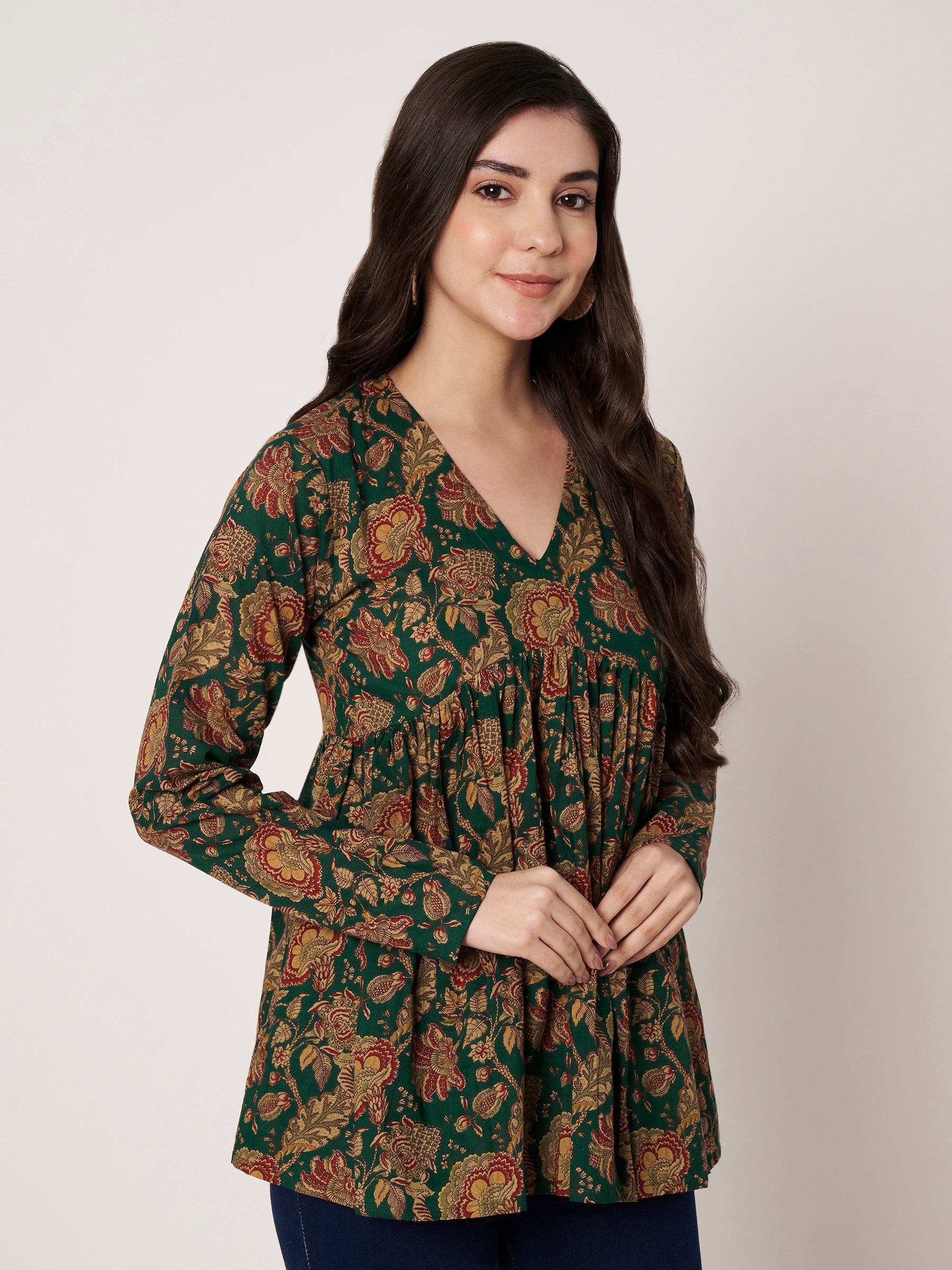 Dark Green Printed Alia-Cut Cotton Top