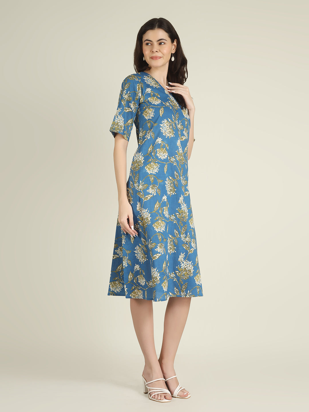 Blue Printed Half-Sleeve A-Line Cotton Dress