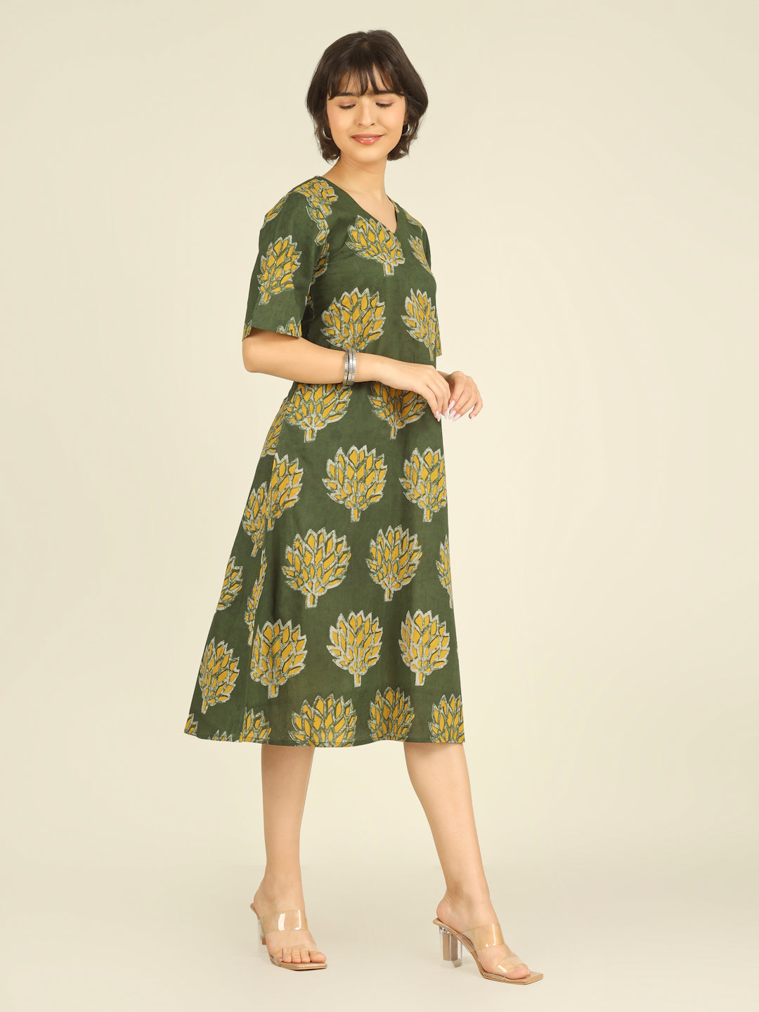 Green Printed Half-Sleeve A-Line Cotton Dress