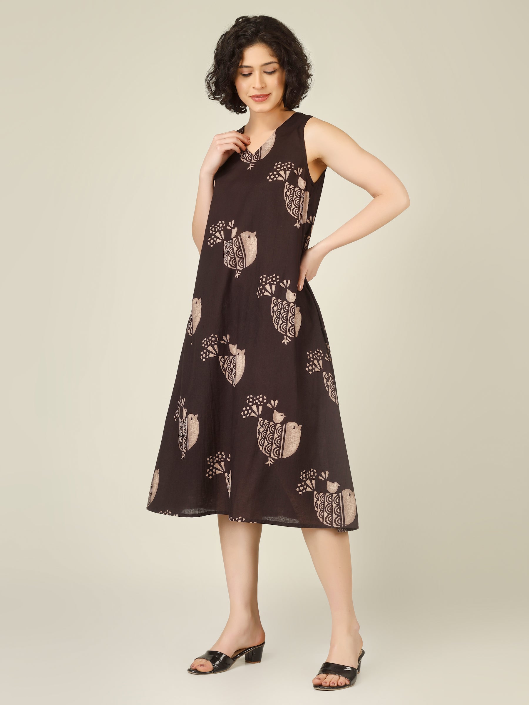 Brown Printed V-Neck Sleeveless A-Line Cotton Dress