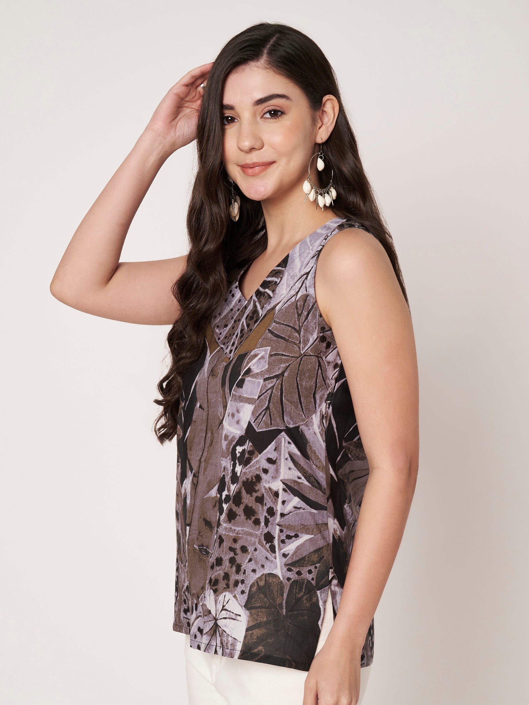Grey Printed Sleeveless V-Neck Cotton Top