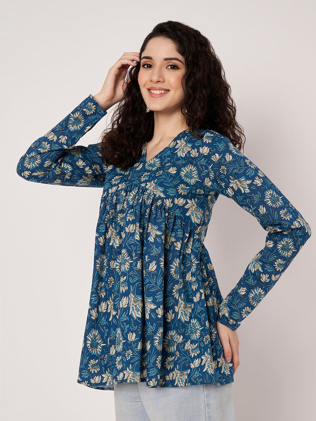 Blue Printed Alia-Cut Cotton Top