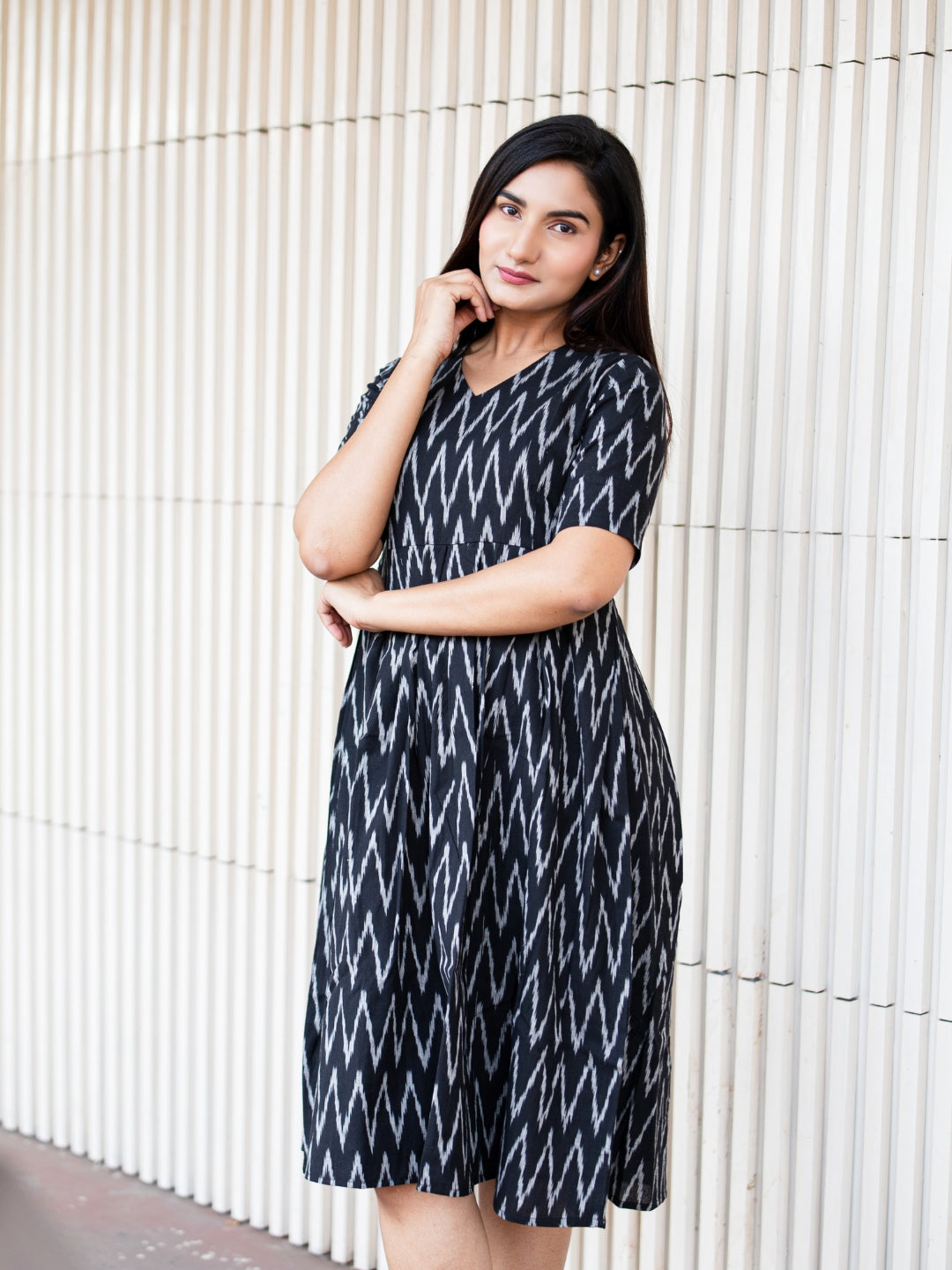 Handloom Cotton Black Ikkat Dress