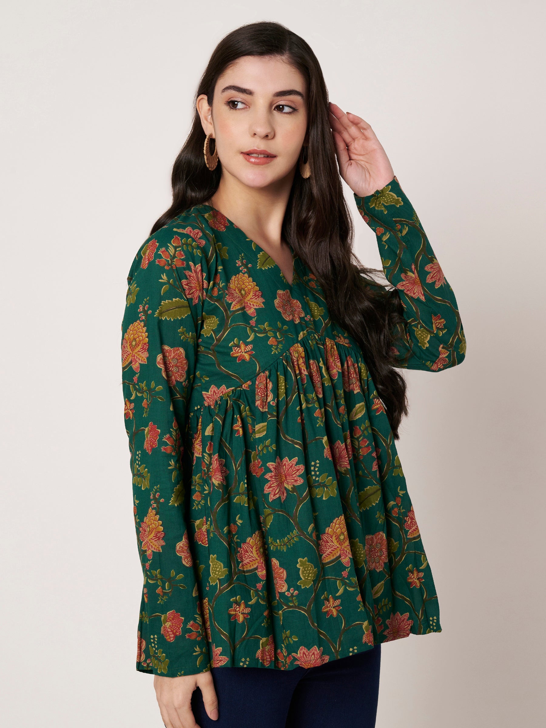 Green Printed Alia-Cut Cotton Top