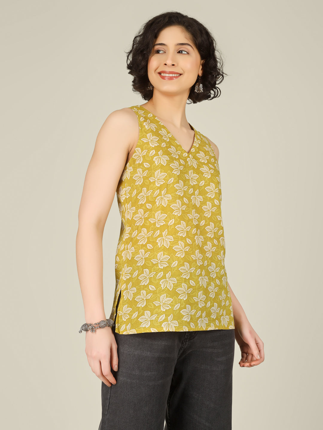 Yellow Printed Sleeveless V-Neck Cotton Top