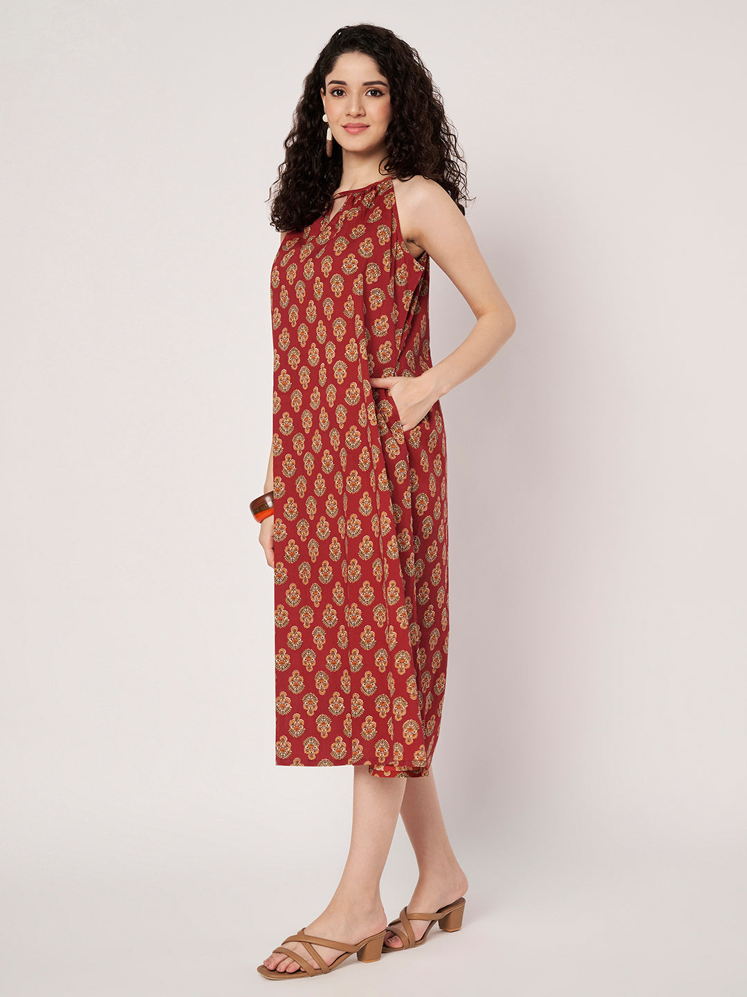Maroon Printed Sleeveless A-Line Cotton Dress