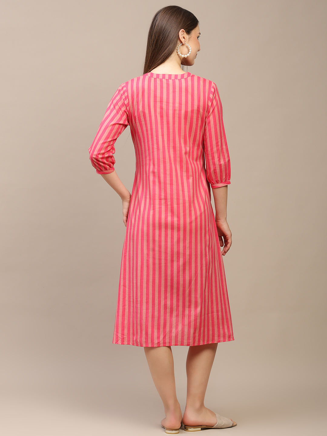 Pink Striped A-Line Cotton Dress