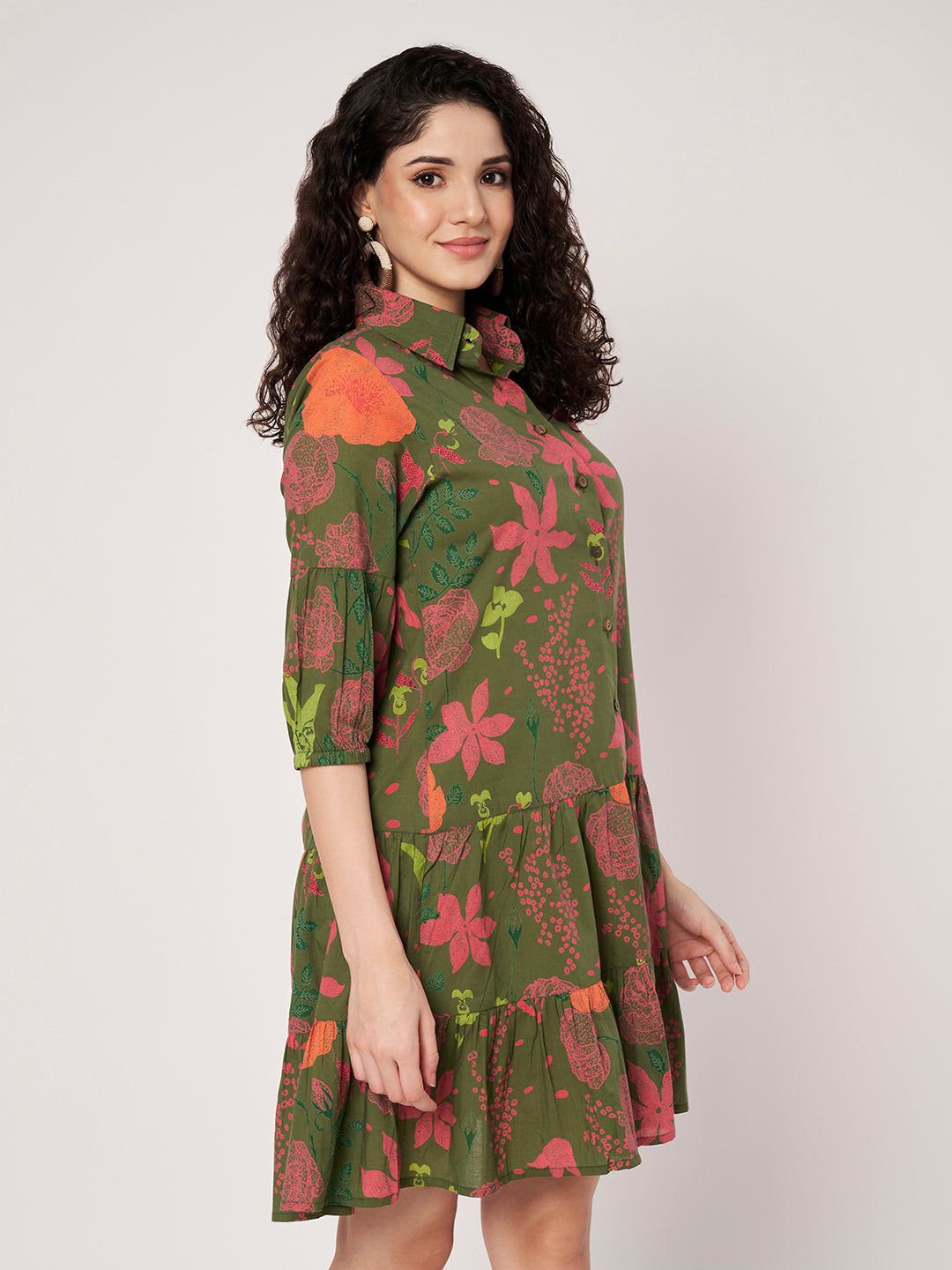 Green Printed Short Cotton Dress