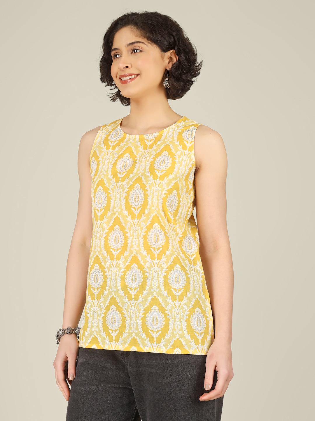 Yellow Printed Round Neck Sleeveless Cotton Top