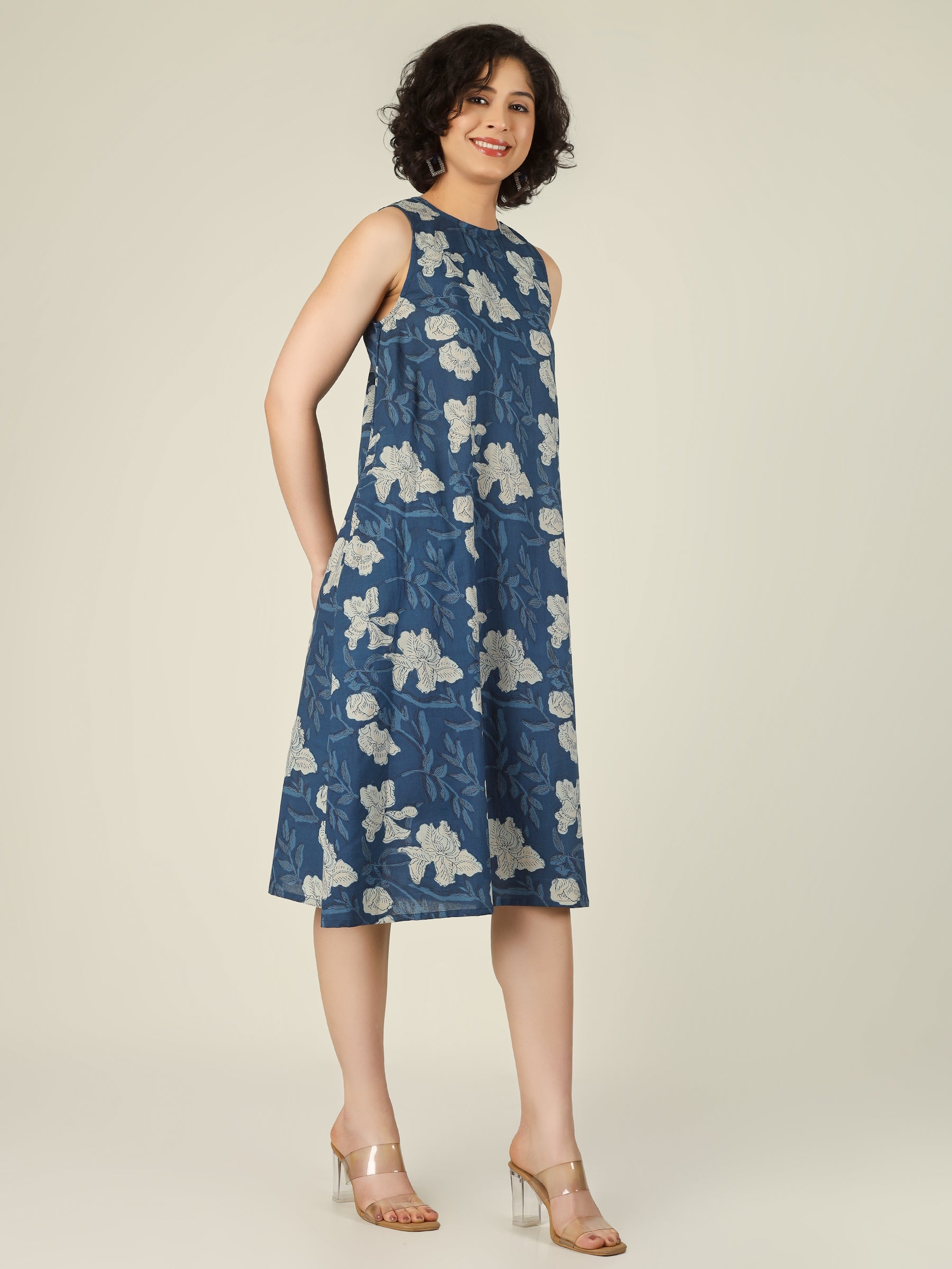 Blue Printed Sleeveless A-Line Cotton Dress