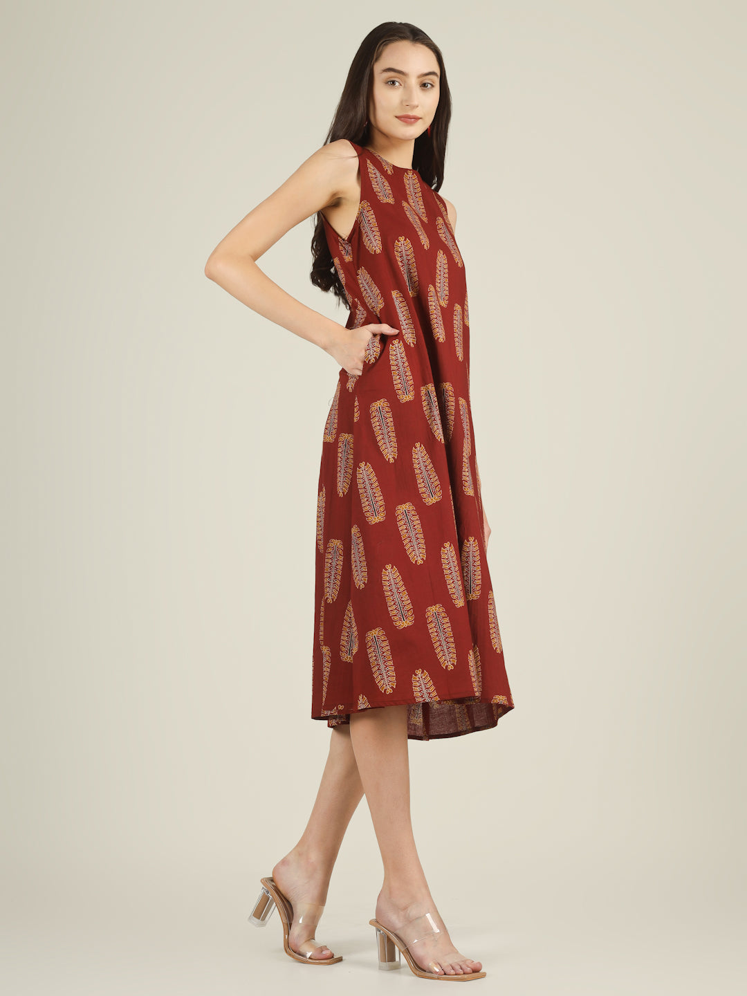 Maroon Printed Sleeveless A-Line Cotton Dress
