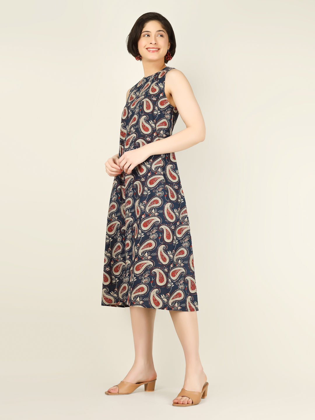 Navy Blue Printed Sleeveless A-Line Cotton Dress