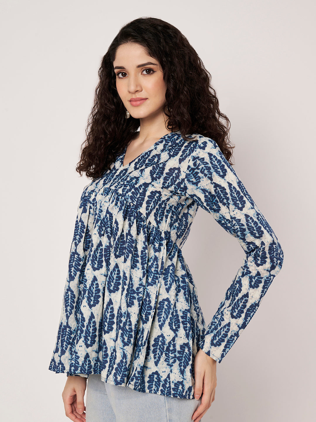 White & Blue Printed Alia-Cut Cotton Top