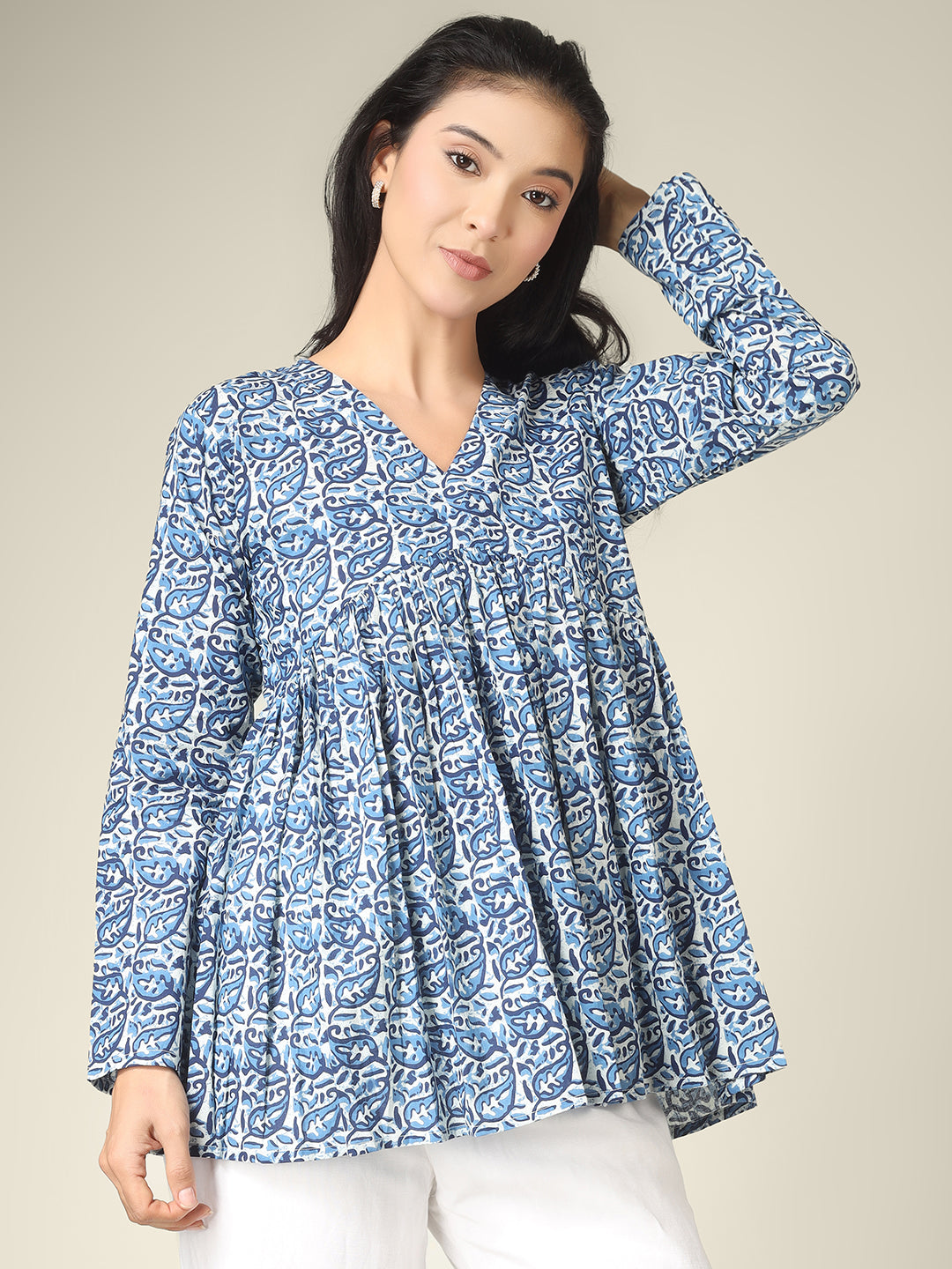 Blue Printed Alia-Cut Cotton Peplum Top