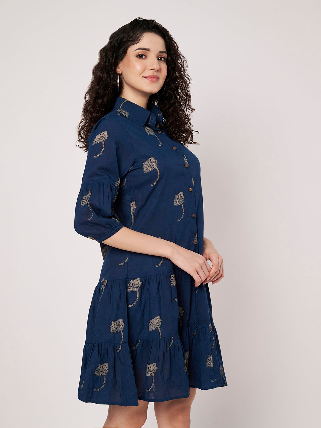 Navy Blue Printed Short Cotton Dress