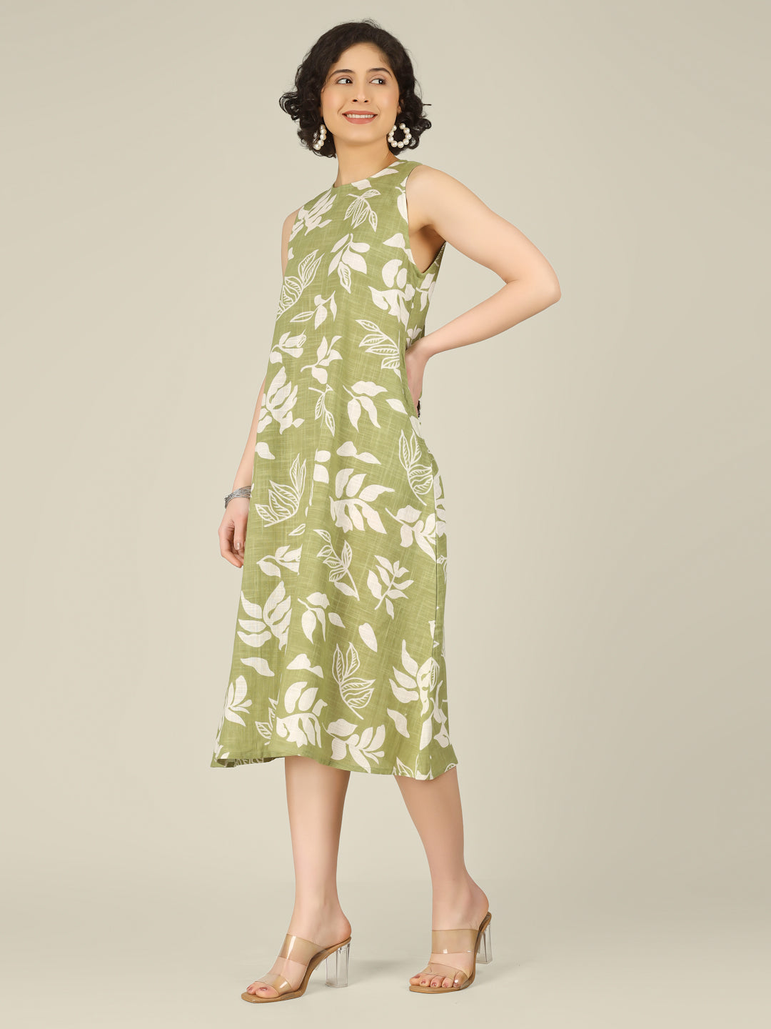 Sage Green Printed Sleeveless A-Line Cotton Dress