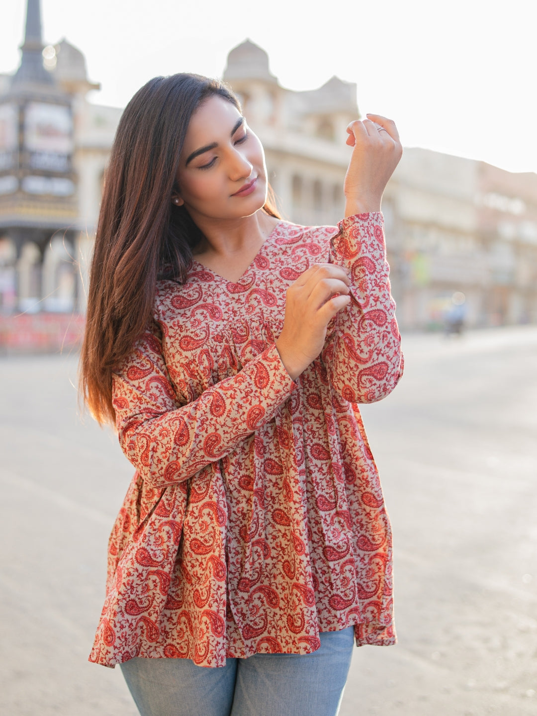 Maroon Printed Full Sleeves Alia Cut Cotton Top