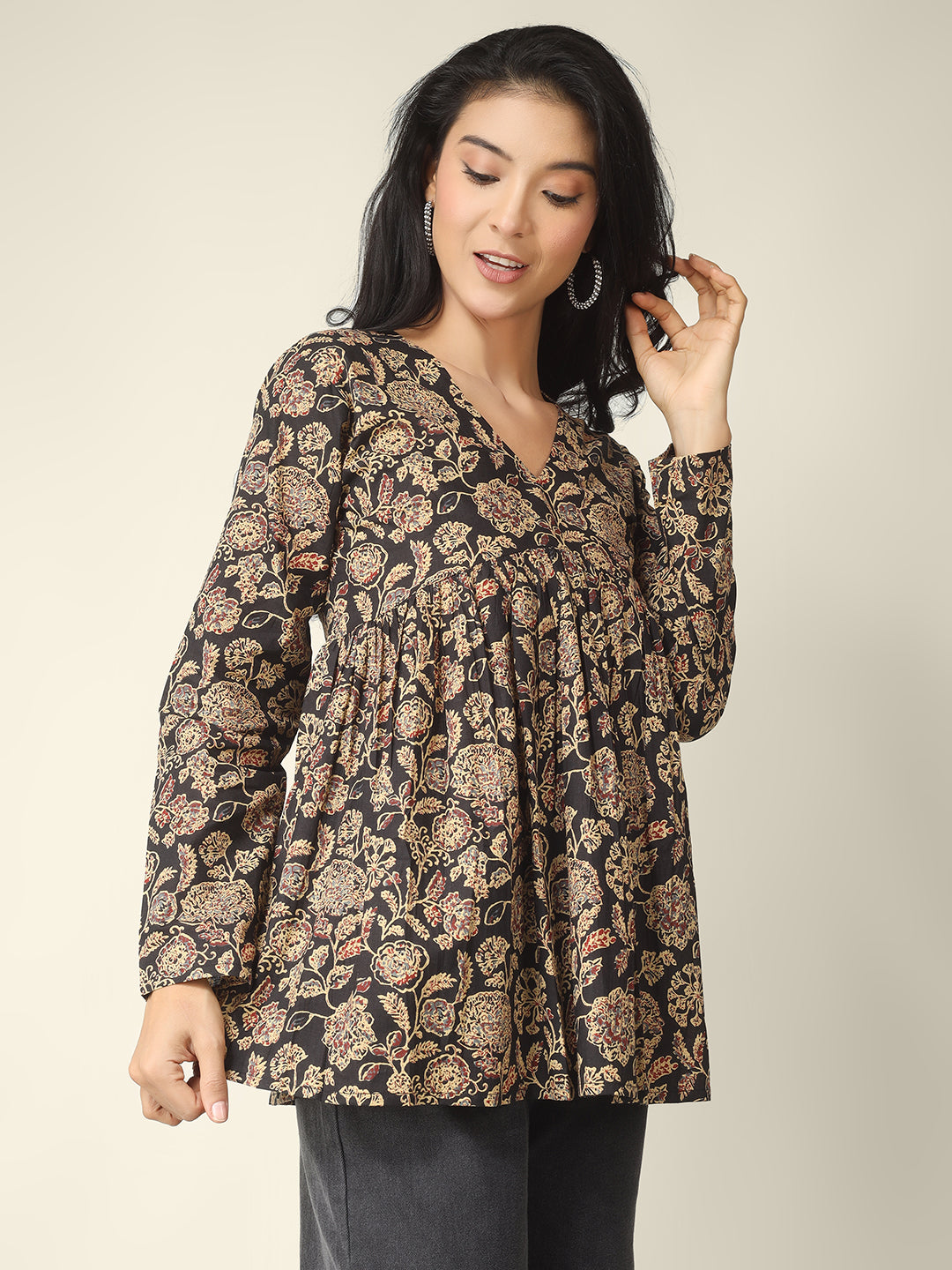 Black Printed Alia-Cut Cotton Peplum Top