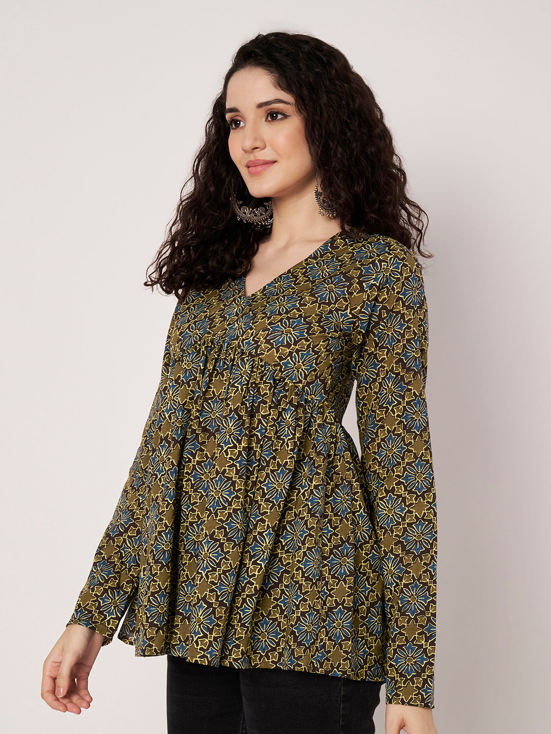 Brown Printed Alia-Cut Cotton Top