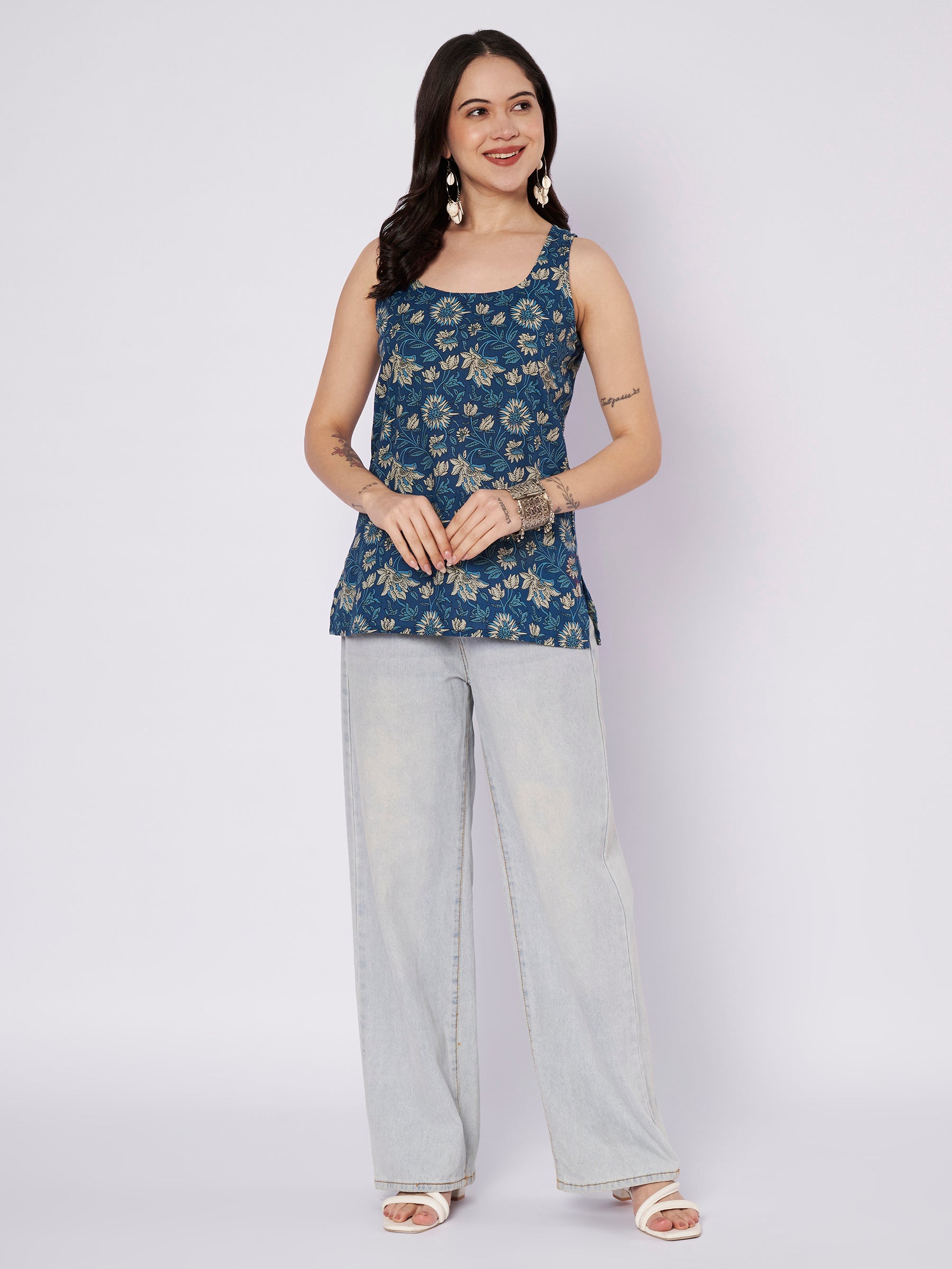 Blue Printed Sleeveless Cotton Top
