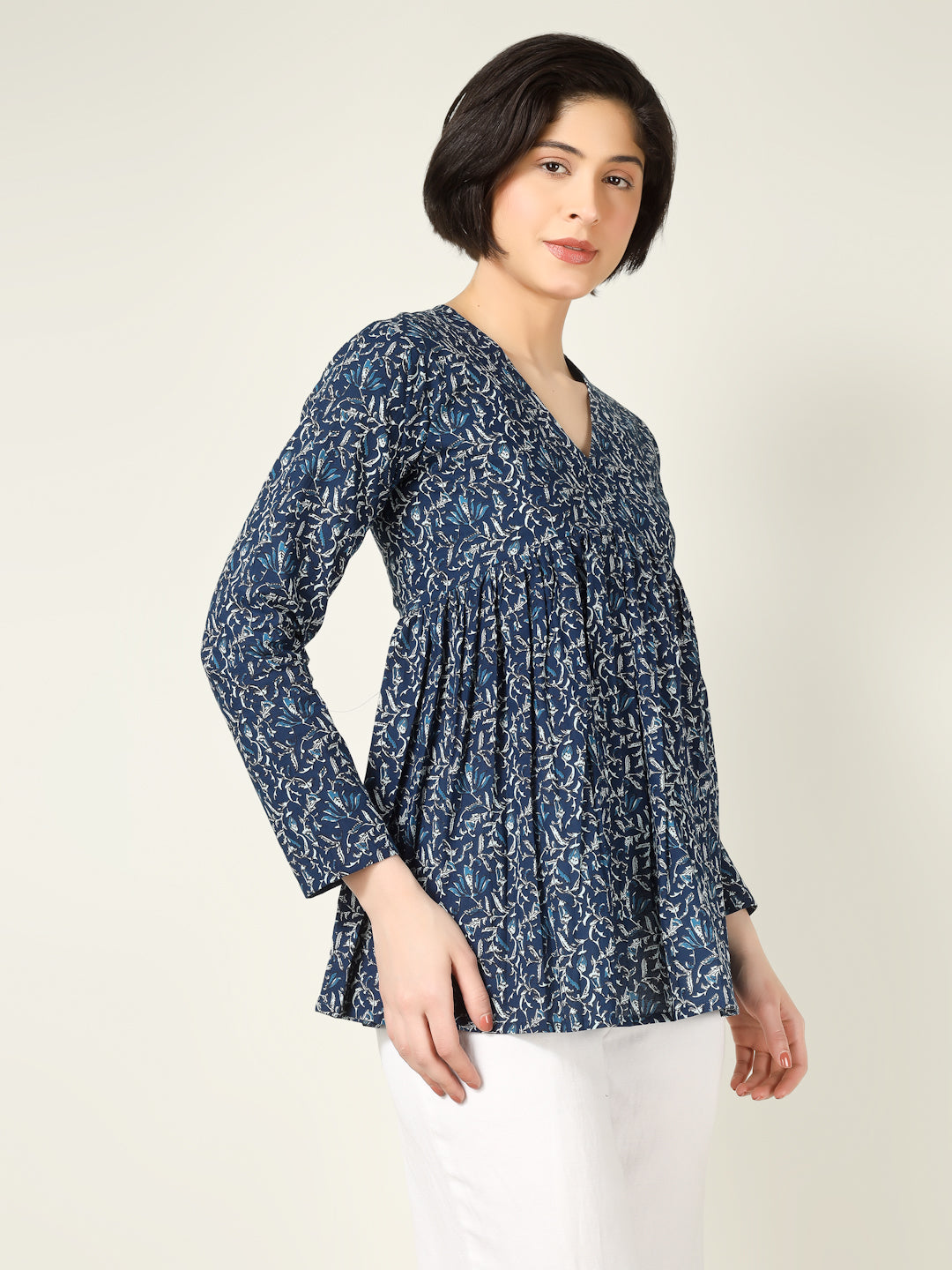 Blue Printed Full-Sleeve Alia-Cut Cotton Top